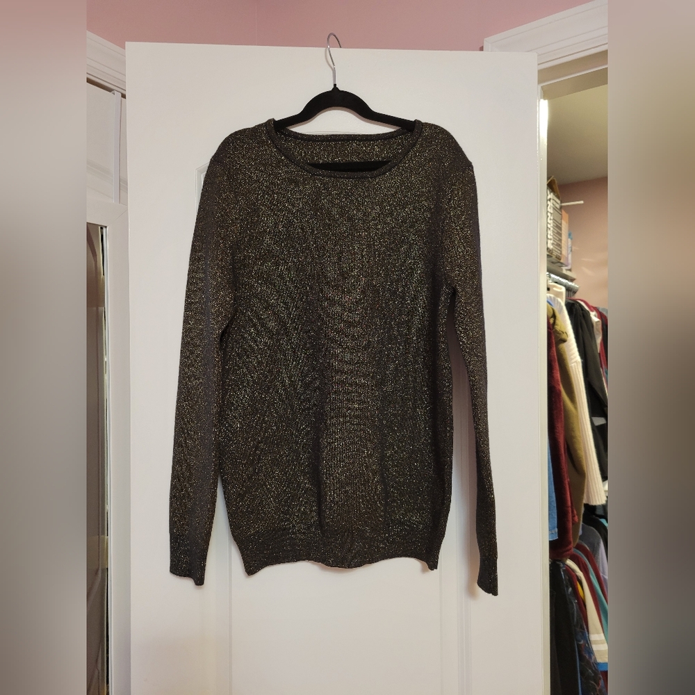 NWT Womens Black & Gold Shimmer Ribbed Knit Pullover Crewneck Sweater- M- Retro